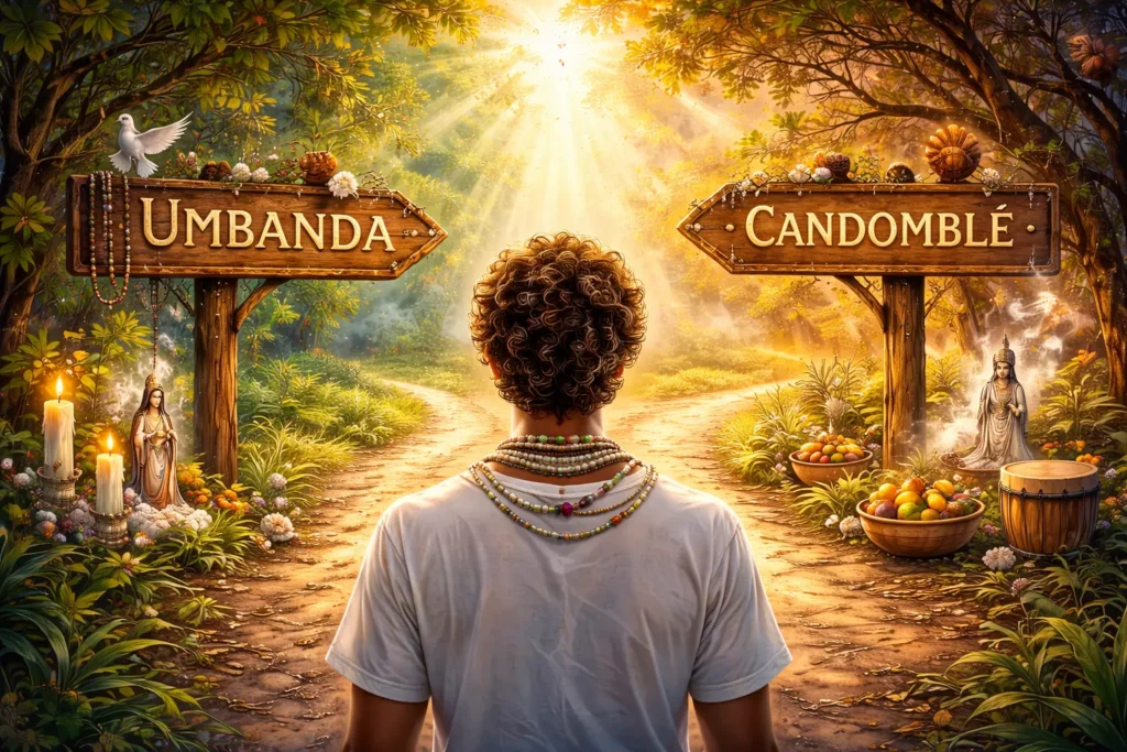 Pessoa em uma encruzilhada na mata, entre placas “Umbanda” e “Candomblé”, com guias, velas, atabaque e oferendas, simbolizando como escolher um caminho.