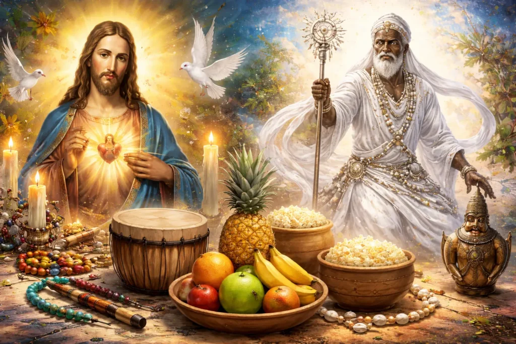 Diferenças entre Umbanda e Candomblé: figura cristã luminosa e Oxalá em branco com atabaque, guias e oferendas.