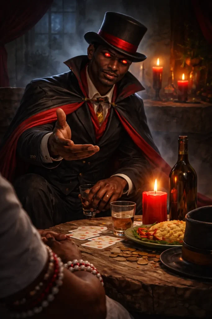 Representação de Exu Meia Noite em ambiente de consulta espiritual, com velas, cartas e oferendas, ilustrando como conversar com Exu Meia Noite